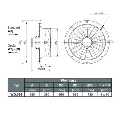 TYWENT Wentylator ścienny przemysłowy WOJ-56/3 3F - 9360m3/h - FI 560mm